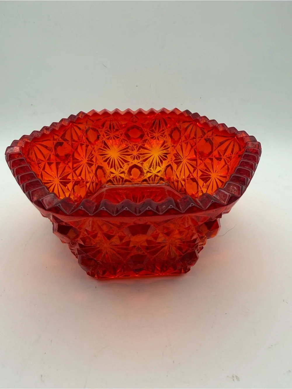 LE Smith DAISY & BUTTON Amberina / Orange Glass Bowl or Nut Dish Hexagon